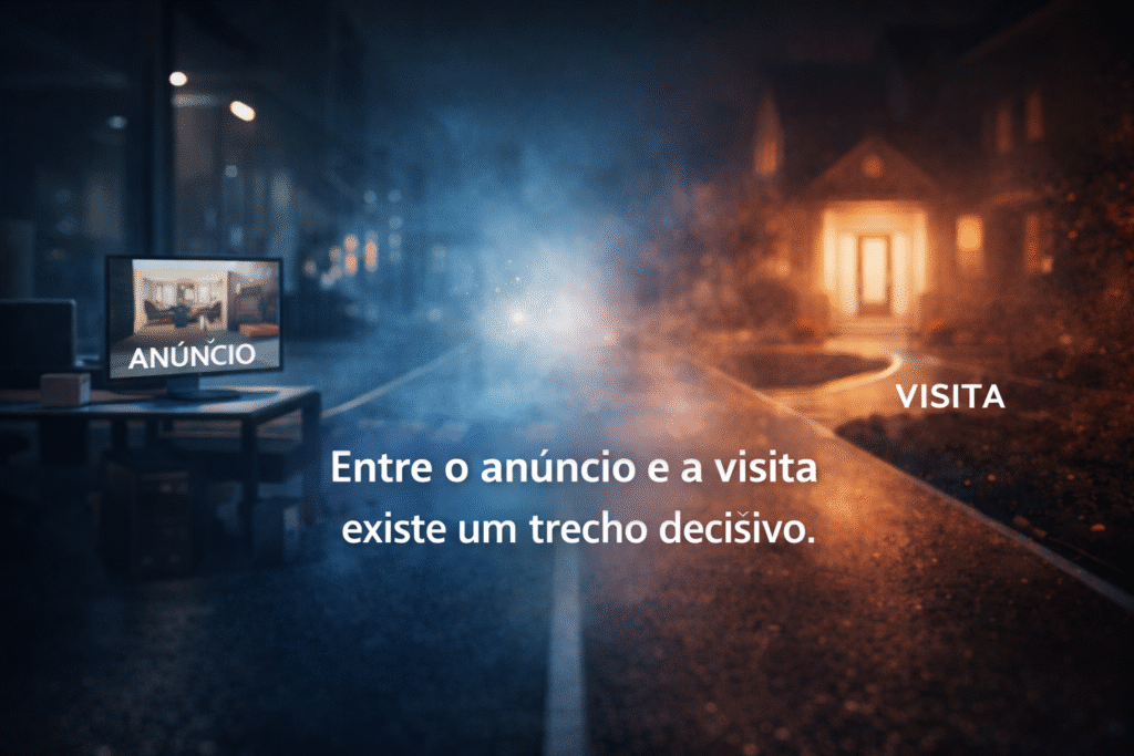 Experiência do cliente imobiliário entre o anúncio e a visita, mostrando o trecho decisivo da jornada de decisão.