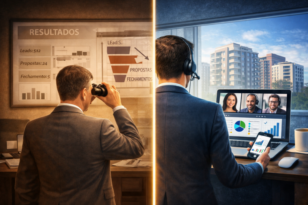 Gestor híbrido acompanhando atendimento e operação comercial no mercado imobiliário